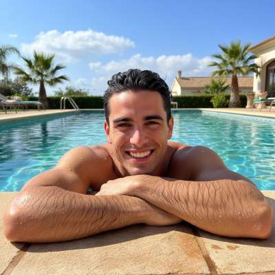Sun-kissed smiles by the pool—effortless charm at its finest. 🌞 Who else loves a man who owns his confidence? #malebeauty...