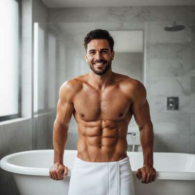 Ready to melt some screens? 🔥 Fresh from the shower, this view is pure art. #malebeauty #bath #gym #underwear
