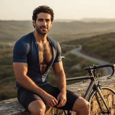 Check out this absolute unit of a man. Muscles for days, hairy chest peeking out of his cycling suit, and that confident...