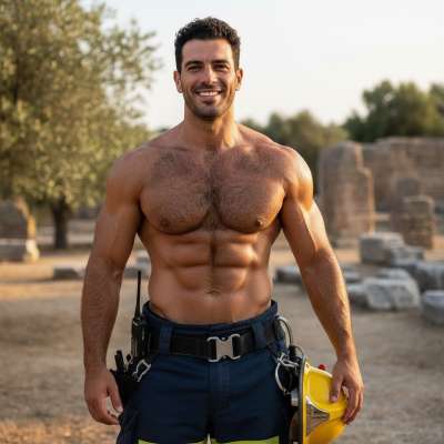 Hot firefighter flexing in full gear—every inch of him is pure fire. 🔥💪 Who needs a cape when you’ve got this kind of...