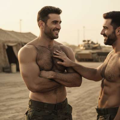 Hot military man caressing his hairy chest—because strength and softness go hand in hand. 💪✨ #military #couple