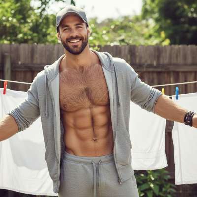 Every inch of him is pure art—muscles flexing as he hangs the laundry. Some chores were made to be admired. #malebeauty...