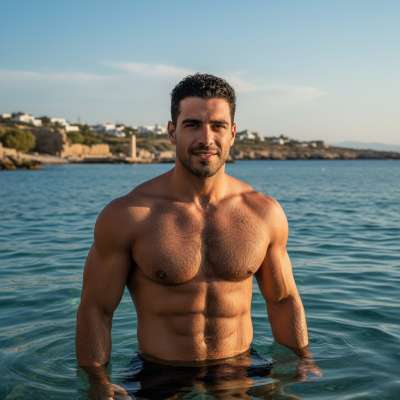 Dive into the ocean's embrace with this stunning muscular guy soaking up the sun. Pure male beauty at its finest....
