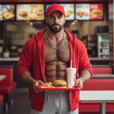Every bite tastes better when it's served with a side of muscle and charm. 🍔💪 #kitchen #hairy #gym #worker
