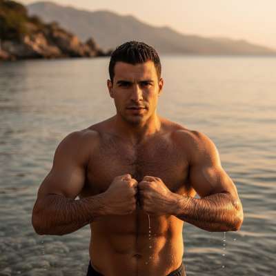 Every wave kisses his sculpted skin. The sea’s mirror reflects pure masculine beauty. 🌊💪 #nature #wet #athlete