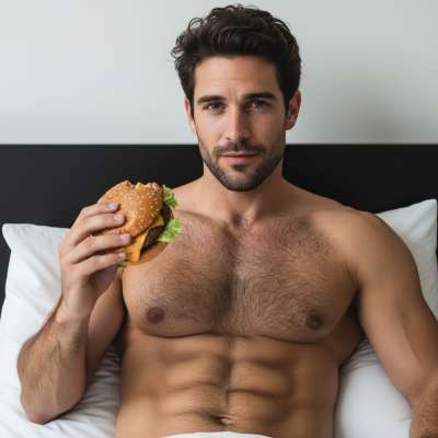 Few things are as hot as a man savoring a juicy burger in bed. Pure, unfiltered masculinity at its finest. #bedroom #athlete