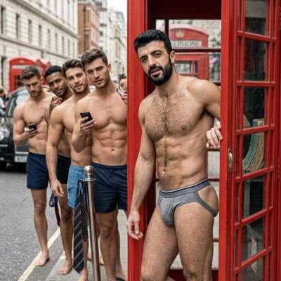 Tight jockstrap flexing as he steps out of the phone booth—pure confidence in every stride. Celebrate the art of the male...
