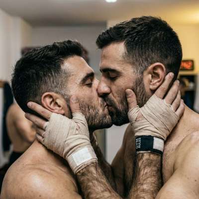 Two fighters share a tender kiss after the match—because love is the ultimate knockout. 🥊💘 #couple #athlete #kiss