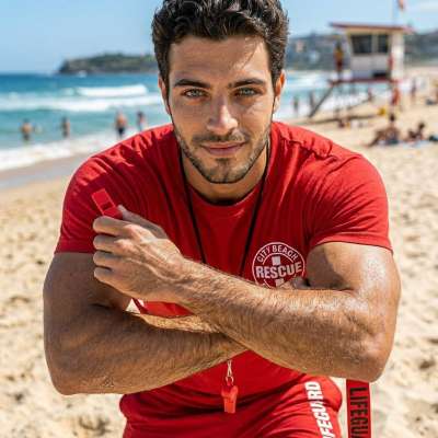 Check out this stunning lifeguard with those piercing blue eyes that could melt even the coldest heart. Pure beauty in...