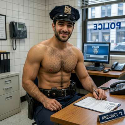 Hot cop alert! Nothing beats a shirtless officer in his natural habitat. Pure power, pure confidence. #office #police