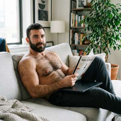 Fur meets ink on the couch today—nothing sexier than a hairy man lost in the news. #hairy #library