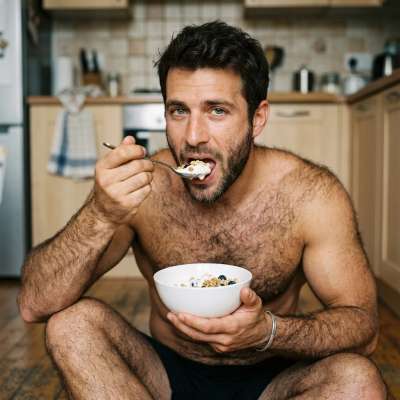 Fuzzy morning vibes with this hairy hunk enjoying his breakfast. Who needs a filter when you've got this natural glow?...