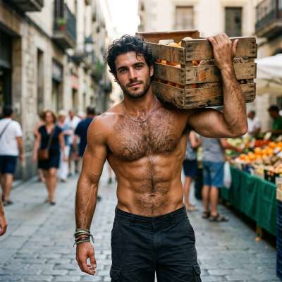 Fresh from the orchard, this furry hunk flexes his strength at the market. Nothing like a man who can handle both heavy...