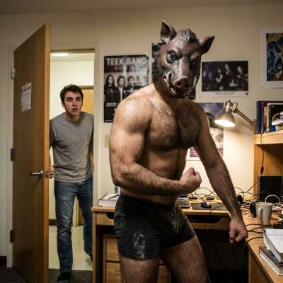 Just caught in the act—roommate walks in while I’m in a pig mask on cam. The struggle is real, but the view? Totally worth...