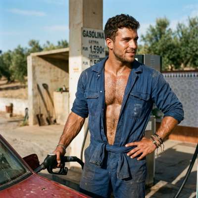 Every drop of fuel tastes better with a shirtless pump jock. 🔥💦 #garage #worker #wet