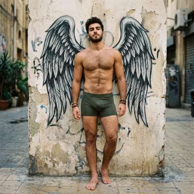 Flawless wings frame a vision in briefs—divine perfection in human form. 😏✨ #street #fairytale #underwear #athlete