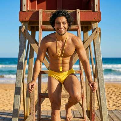 Breathtaking moment as a lifeguard descends from his tower, muscles glistening under the sun. Pure masculine beauty in...