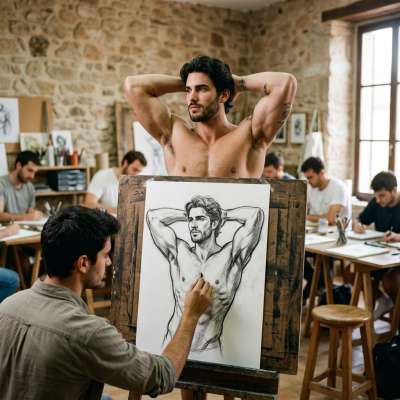 Eyes on the canvas, hearts on the model. Every line drawn is a love letter to masculinity. #malebeauty #studio