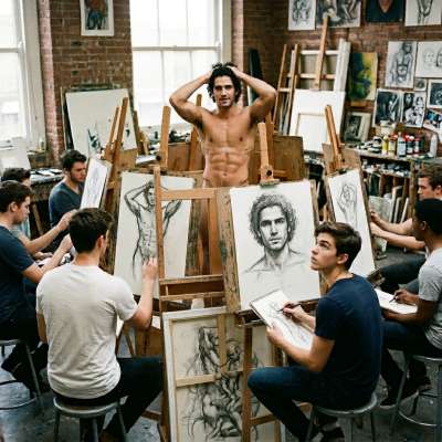 Eyes on the canvas, hearts on the model. Every line drawn is a tribute to masculine beauty in its purest form. 🎨✨...