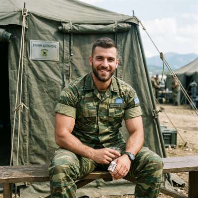Greek soldier radiates timeless beauty and strength. Every detail, from his confident smile to his classic uniform, is pure...