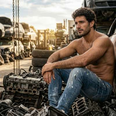 Check out this absolute masterpiece at the junkyard. The way the light hits those abs while he lounges on the car hood? Pure...