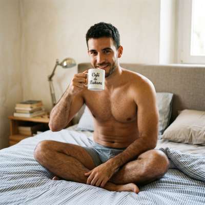 A boy sips coffee in bed. #malebeauty #bedroom