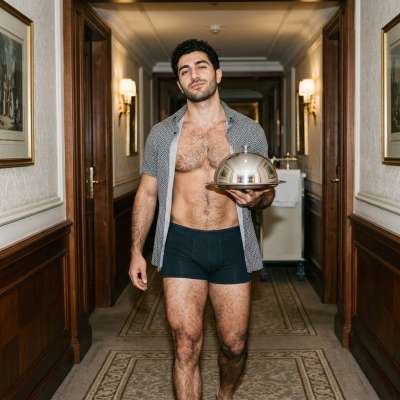 A concierge delivers lunch to a hotel guest in his underwear. #underwear