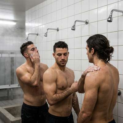 Every shower session with these three is pure art. 💦🔥 #malebeauty #shower #gym #wet