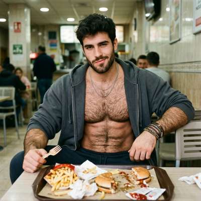 Nothing beats a hairy guy enjoying fast food—pure masculine energy and delicious chaos. 🍔🔥 #fastfood