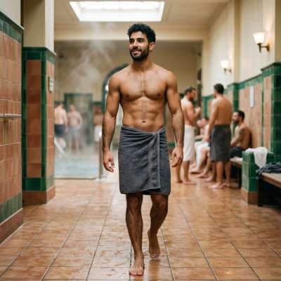 Every inch of him moves with confidence—pure magnetism in motion. The sauna’s steam only adds to the allure. #malebeauty...