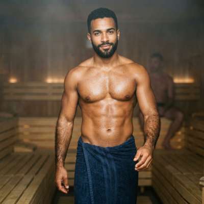 Flawless confidence in every step. The sauna’s steam only makes the view hotter. 🔥 #sauna #athlete