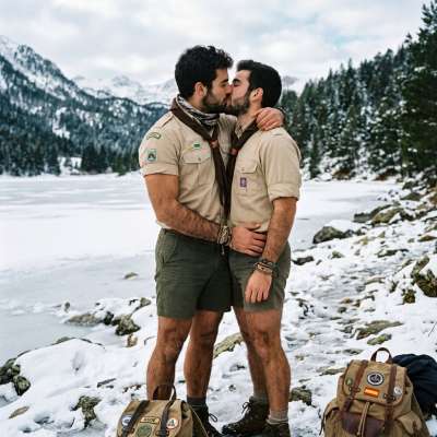 Two scouts share a tender kiss by a frozen lake, proving love knows no limits. Pure beauty in every frame. #snow #nature...