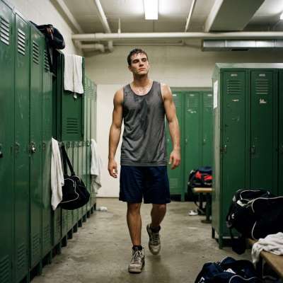Sweat glistening under the lights, every step a masterpiece. The raw beauty of masculinity in motion. 🔥 #lockerroom #athlete