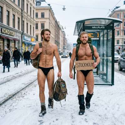 Chilly roads call for hot bodies! Two stunning guys hitchhiking in the snow, barely covered by their jockstraps. Nature’s...