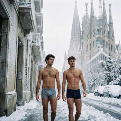 Frosty streets, hot bodies—nothing beats the contrast of two fierce guys strutting in jockstraps on icy pavement. Pure...