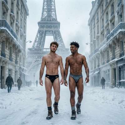 Frosty streets, icy air, and two fierce guys strutting in nothing but jockstraps. Pure confidence meets winter chill. Who...
