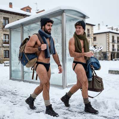 Frosty streets, fiery confidence. Two men own the cold in nothing but jockstraps. Who says winter can't be hot? #street...