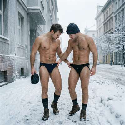 Every step in the snow, their underwear teasing the cold air. Pure winter magic captured in this jaw-dropping shot. #snow...