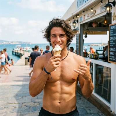 Flawless abs and a sweet treat—nothing beats a hot guy enjoying ice cream. 🍦🔥 #beach #travel #underwear #athlete #kitchen