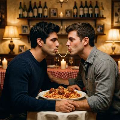 Every bite is a kiss. Two gorgeous men share spaghetti like Lilli & the Tramp, turning dinner into art. #kitchen #couple