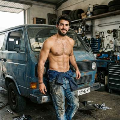 Hot oil, grease, and muscles flexing under the hood. Every bolt turned is pure art. 🔧💪 #malebeauty #garage #worker