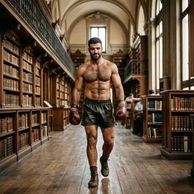Every step he takes echoes through the ancient library, a perfect blend of strength and grace. Beauty in motion, where power...