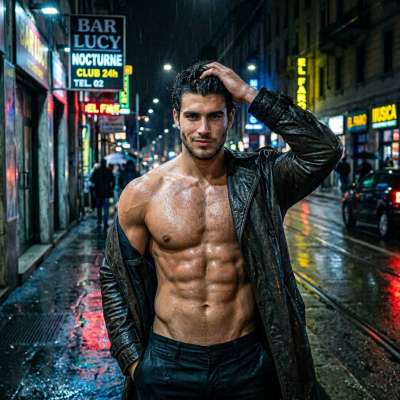 Rain-kissed muscles, every drop a tribute to his sculpted perfection. Nature’s own photoshoot—unapologetic beauty in the...