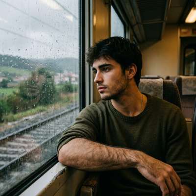 Every journey has its quiet moments. 💭🚄 #malebeauty #train #travel