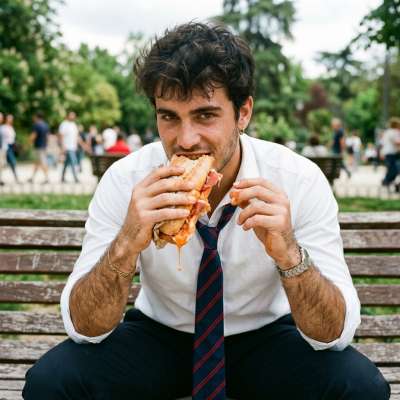 Few things hotter than a guy savoring his sandwich—messy, hungry, and effortlessly hot. 🥪🔥 #malebeauty #kitchen #nature #suit