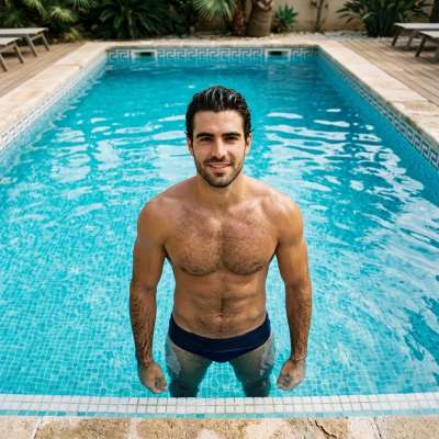 Every dip in the pool highlights his glow—nature’s masterpiece on display. 💦🔥 #pool #underwear