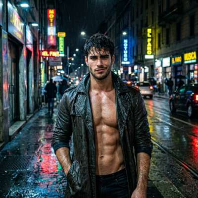 Rain-kissed skin, every drop a sparkle. The night wears him like a second skin. #street #wet