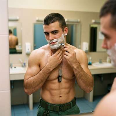 Every morning, he sharpens his edge—both the blade and the jawline. Perfection has a uniform. #bath #military
