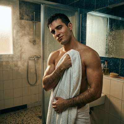 Fresh from the shower, every drop of water tracing the curves of his body. Pure art in motion. #malebeauty #shower #gym #wet