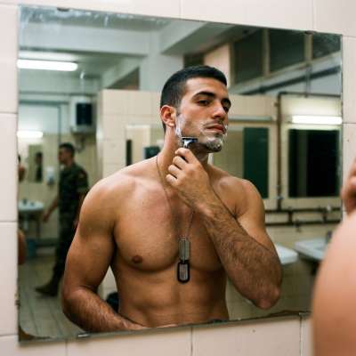 Hot soldier getting ready in the barracks bathroom. A perfect blend of discipline and raw masculinity. #military #bath